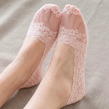 Women's Lace No-Show Socks - Non-Slip Floral Mesh Cotton Sole in Pink