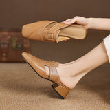 Women's Cut-Out Leather Mules - Square Toe Block Heel Shoes in Yellow Brown