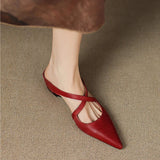 Women's Pointed Toe Leather Mules - Cross Strap Low Wedge Shoes