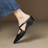Women's Pointed Toe Leather Mules - Cross Strap Low Wedge Shoes