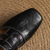 Women's Cut-Out Leather Mules - Square Toe Block Heel Shoes