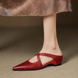 Women's Pointed Toe Leather Mules - Cross Strap Low Wedge Shoes