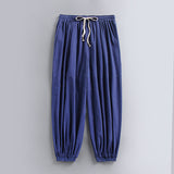 Men's Cotton Linen Tapered Pants - Breathable Drawstring Summer Trousers in Navy Blue