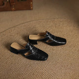Women's Cut-Out Leather Mules - Square Toe Block Heel Shoes
