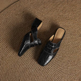Women's Cut-Out Leather Mules - Square Toe Block Heel Shoes
