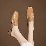 Women's Cut-Out Leather Mules - Square Toe Block Heel Shoes