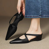 Women's Pointed Toe Leather Mules - Cross Strap Low Wedge Shoes
