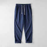 Men's Cotton Linen Wide Leg Pants - Lightweight Drawstring Summer Trousers in Navy Blue