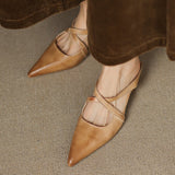 Women's Pointed Toe Leather Mules - Cross Strap Low Wedge Shoes