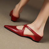 Women's Pointed Toe Leather Mules - Cross Strap Low Wedge Shoes