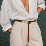 Siena slim leather waist belt with sculptural gold pin-hook buckle