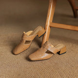 Women's Cut-Out Leather Mules - Square Toe Block Heel Shoes