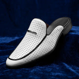 Breathable perforated leather backless loafers with gold-tone detail