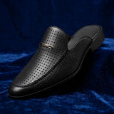 Breathable perforated leather backless loafers with gold-tone detail