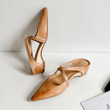 Women's Pointed Toe Leather Mules - Cross Strap Low Wedge Shoes