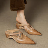 Women's Pointed Toe Leather Mules - Cross Strap Low Wedge Shoes in Yellow Brown