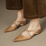 Women's Pointed Toe Leather Mules - Cross Strap Low Wedge Shoes