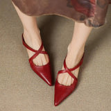 Women's Pointed Toe Leather Mules - Cross Strap Low Wedge Shoes