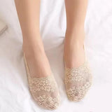 Women's Lace No-Show Socks - Non-Slip Floral Mesh Cotton Sole