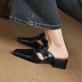 Women's Cut-Out Leather Mules - Square Toe Block Heel Shoes