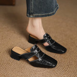 Women's Cut-Out Leather Mules - Square Toe Block Heel Shoes