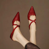 Women's Pointed Toe Leather Mules - Cross Strap Low Wedge Shoes