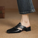 Women's Cut-Out Leather Mules - Square Toe Block Heel Shoes