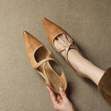 Women's Pointed Toe Leather Mules - Cross Strap Low Wedge Shoes