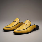 Breathable perforated leather backless loafers with gold-tone detail