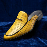 Breathable perforated leather backless loafers with gold-tone detail