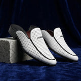 Breathable perforated leather backless loafers with gold-tone detail