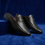 Breathable perforated leather backless loafers with gold-tone detail