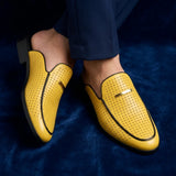 Breathable perforated leather backless loafers with gold-tone detail