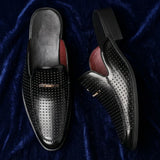 Breathable perforated leather backless loafers with gold-tone detail