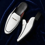 Breathable perforated leather backless loafers with gold-tone detail